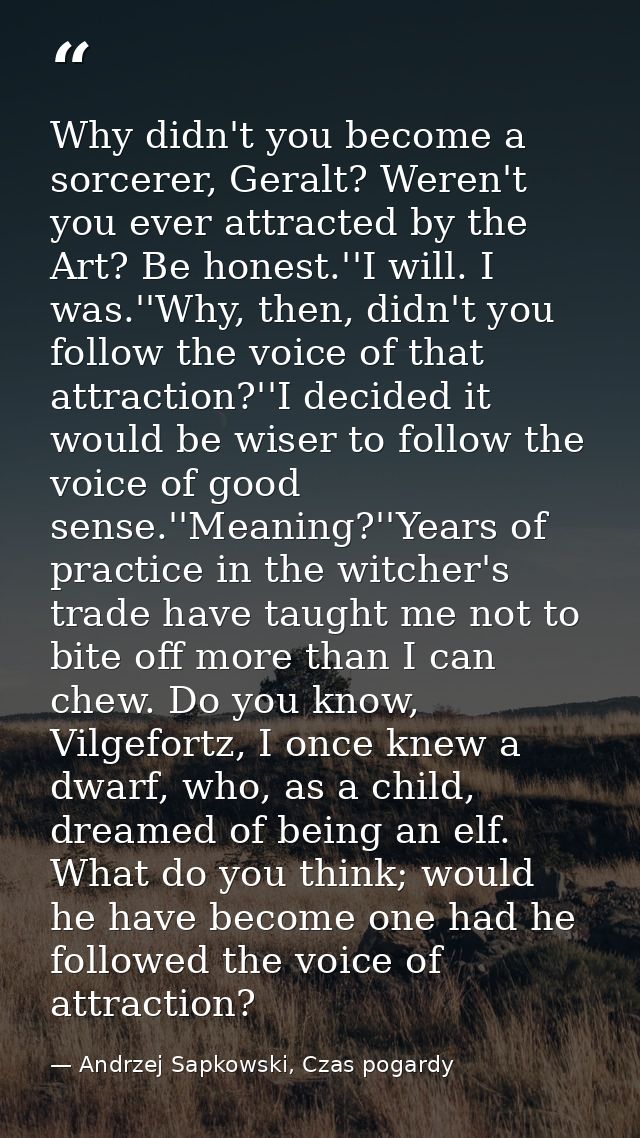 Why didn't you become a sorcerer, Geralt? Weren't you ever attracted by the Art? Be honest.''I will. I was.''Why, then,  — Andrzej Sapkowski, Czas pogardy