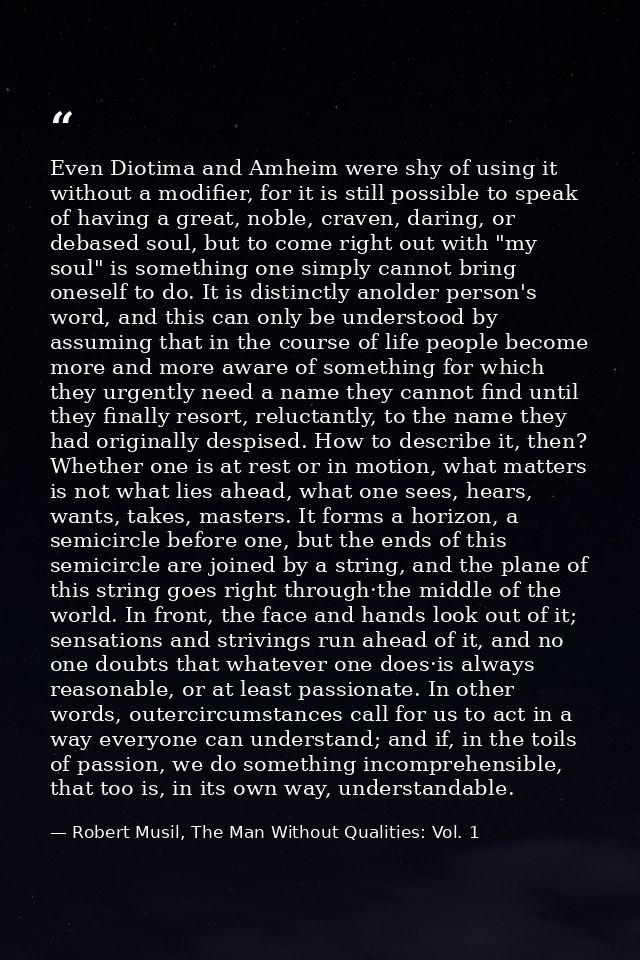 Even Diotima and Amheim were shy of using it without a modifier, for it is still possible to speak of having a great, no — Robert Musil, The Man Without Qualities: Vol. 1