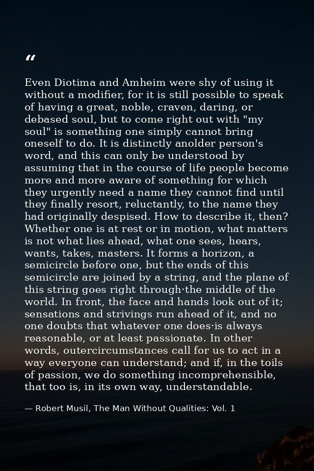 Even Diotima and Amheim were shy of using it without a modifier, for it is still possible to speak of having a great, no — Robert Musil, The Man Without Qualities: Vol. 1