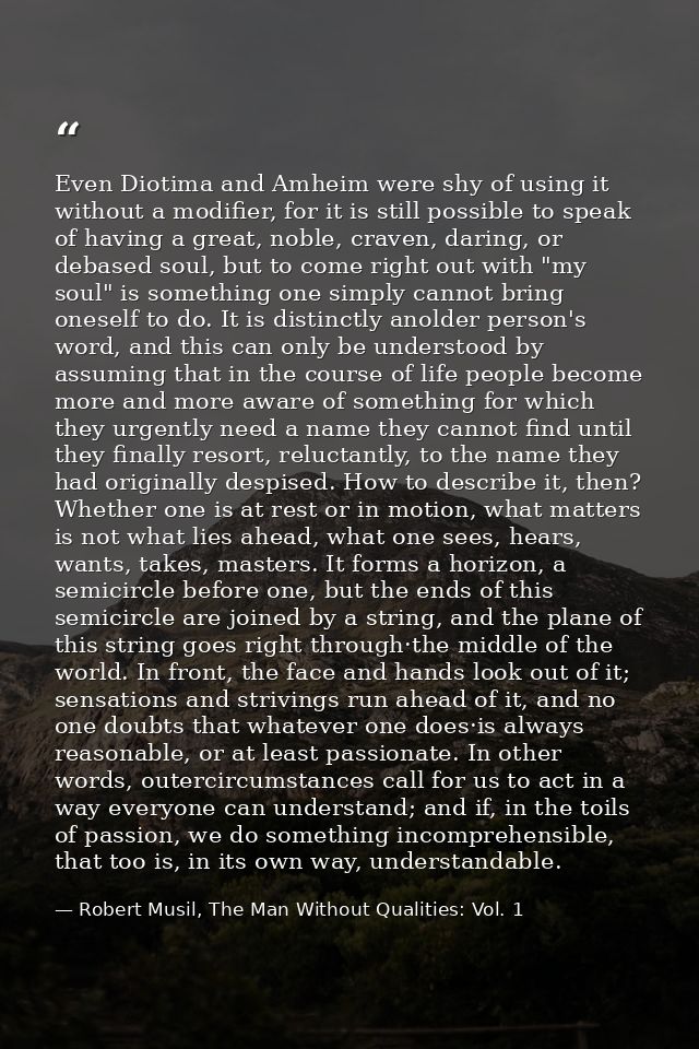 Even Diotima and Amheim were shy of using it without a modifier, for it is still possible to speak of having a great, no — Robert Musil, The Man Without Qualities: Vol. 1