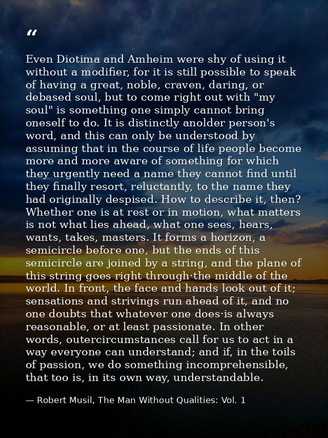 Even Diotima and Amheim were shy of using it without a modifier, for it is still possible to speak of having a great, no — Robert Musil, The Man Without Qualities: Vol. 1