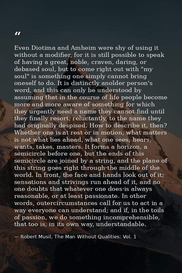 Even Diotima and Amheim were shy of using it without a modifier, for it is still possible to speak of having a great, no — Robert Musil, The Man Without Qualities: Vol. 1