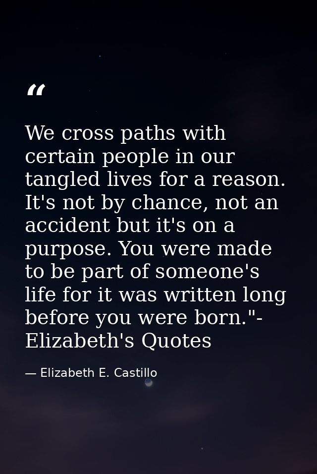 We cross paths with certain people in our tangled lives for a reason. It's not by chance, not an accident but it's on a  — Elizabeth E. Castillo