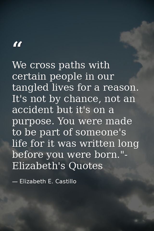 We cross paths with certain people in our tangled lives for a reason. It's not by chance, not an accident but it's on a  — Elizabeth E. Castillo