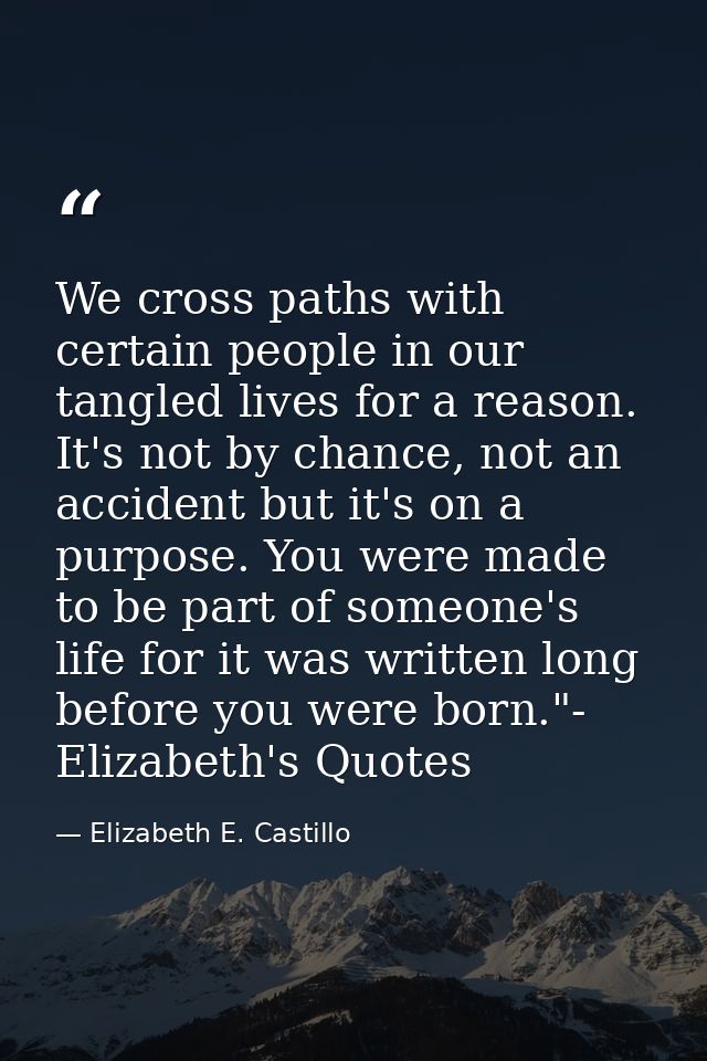 We cross paths with certain people in our tangled lives for a reason. It's not by chance, not an accident but it's on a  — Elizabeth E. Castillo