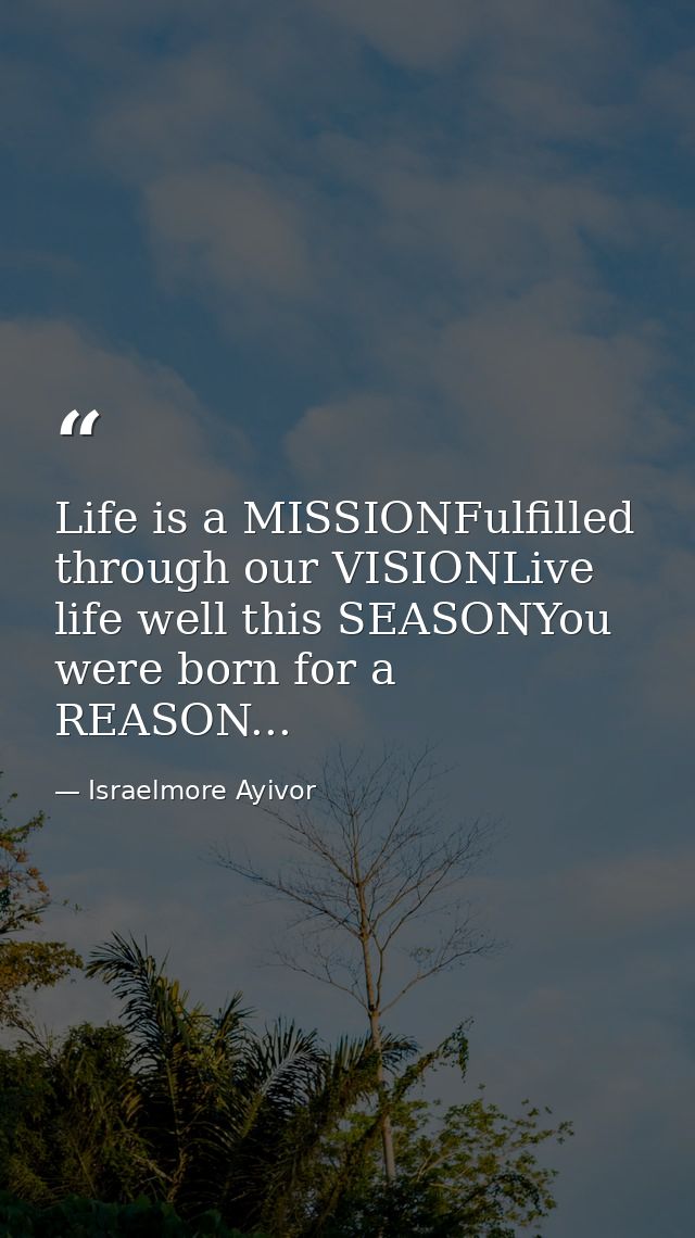 Life is a MISSIONFulfilled through our VISIONLive life well this SEASONYou were born for a REASON... — Israelmore Ayivor