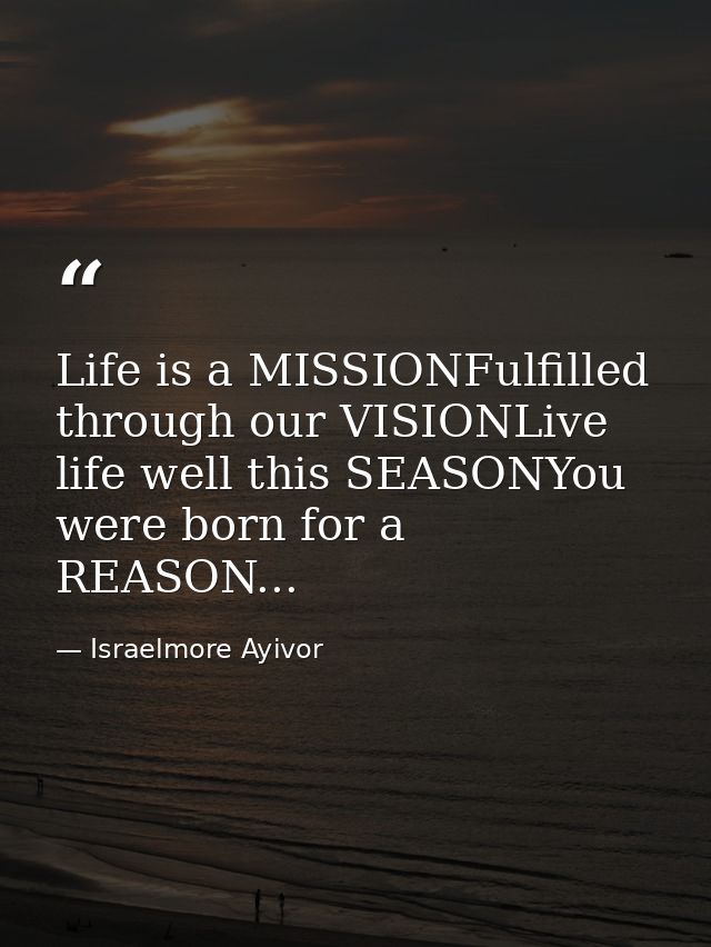 Life is a MISSIONFulfilled through our VISIONLive life well this SEASONYou were born for a REASON... — Israelmore Ayivor