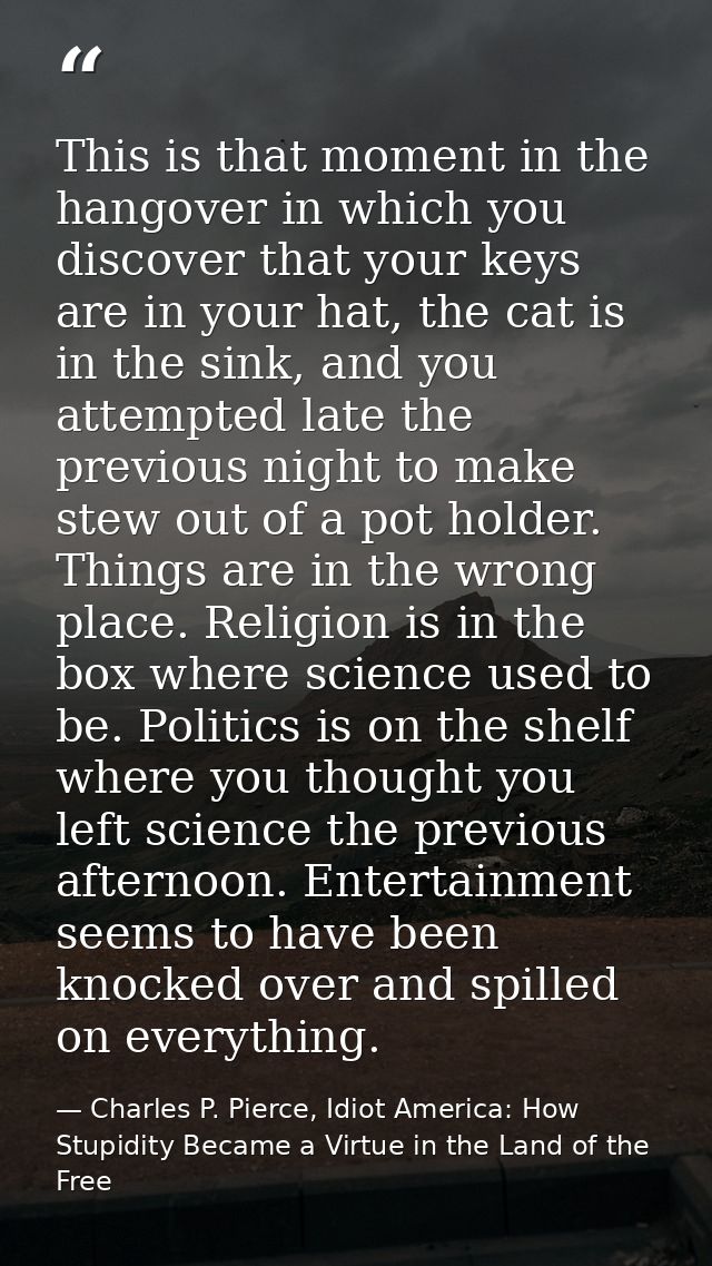 This is that moment in the hangover in which you discover that your keys are in your hat, the cat is in the sink, and yo — Charles P. Pierce, Idiot America: How Stupidity Became a Virtue in the Land of the Free
