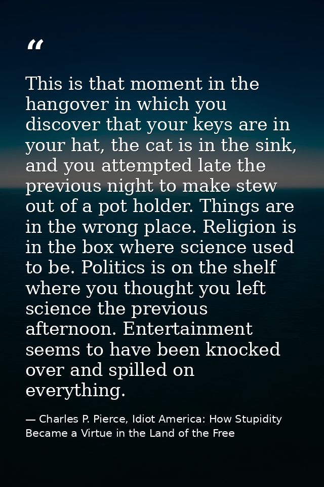 This is that moment in the hangover in which you discover that your keys are in your hat, the cat is in the sink, and yo — Charles P. Pierce, Idiot America: How Stupidity Became a Virtue in the Land of the Free