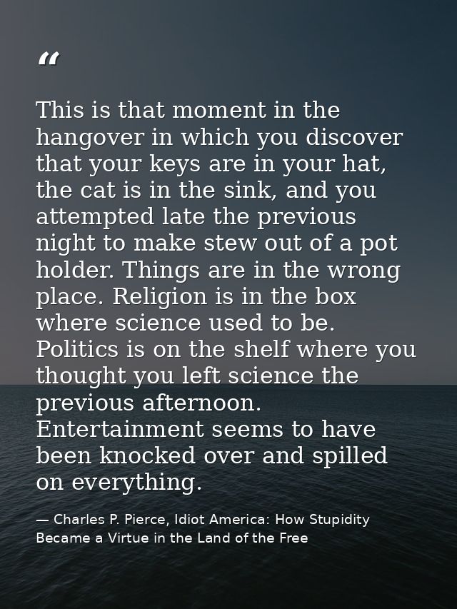 This is that moment in the hangover in which you discover that your keys are in your hat, the cat is in the sink, and yo — Charles P. Pierce, Idiot America: How Stupidity Became a Virtue in the Land of the Free