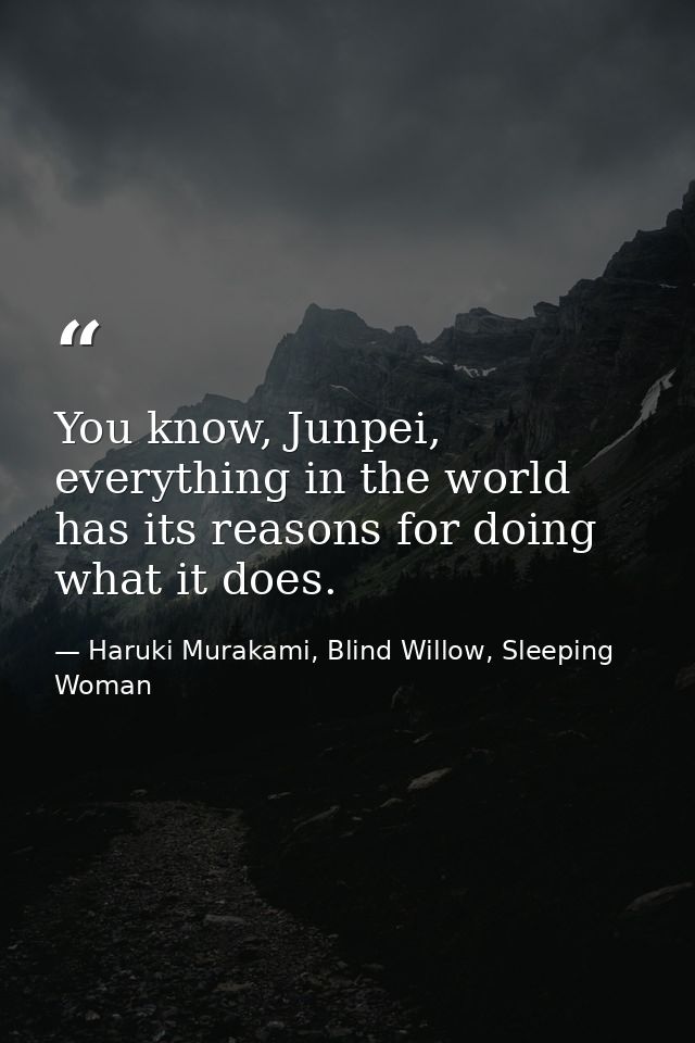 You know, Junpei, everything in the world has its reasons for doing what it does. — Haruki Murakami, Blind Willow, Sleeping Woman
