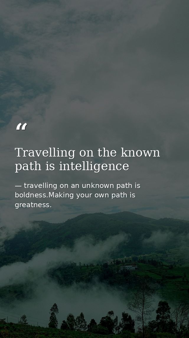 Travelling on the known path is intelligence — travelling on an unknown path is boldness.Making your own path is greatness.