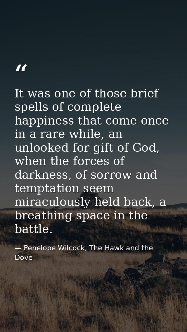 It was one of those brief spells of complete happiness that come once in a rare while, an unlooked for gift of God, when — Penelope Wilcock, The Hawk and the Dove