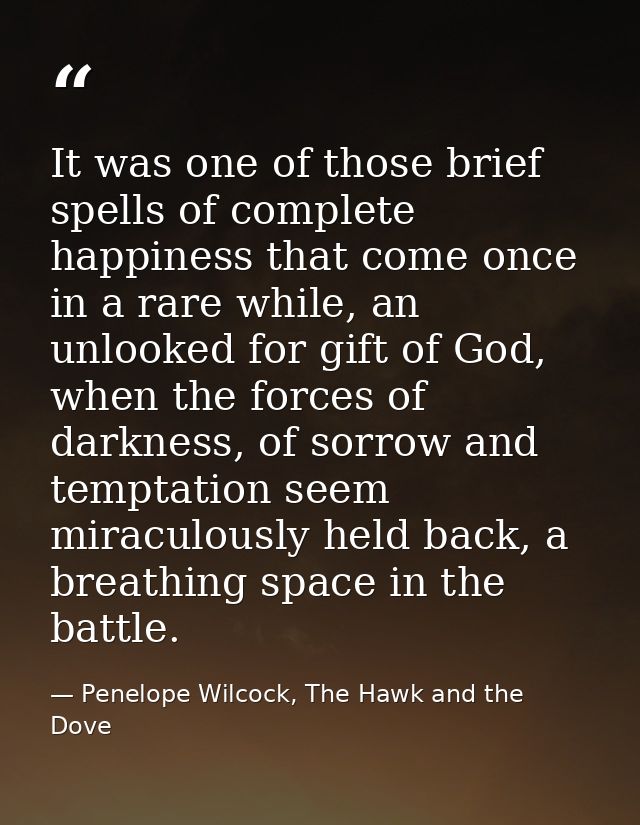 It was one of those brief spells of complete happiness that come once in a rare while, an unlooked for gift of God, when — Penelope Wilcock, The Hawk and the Dove
