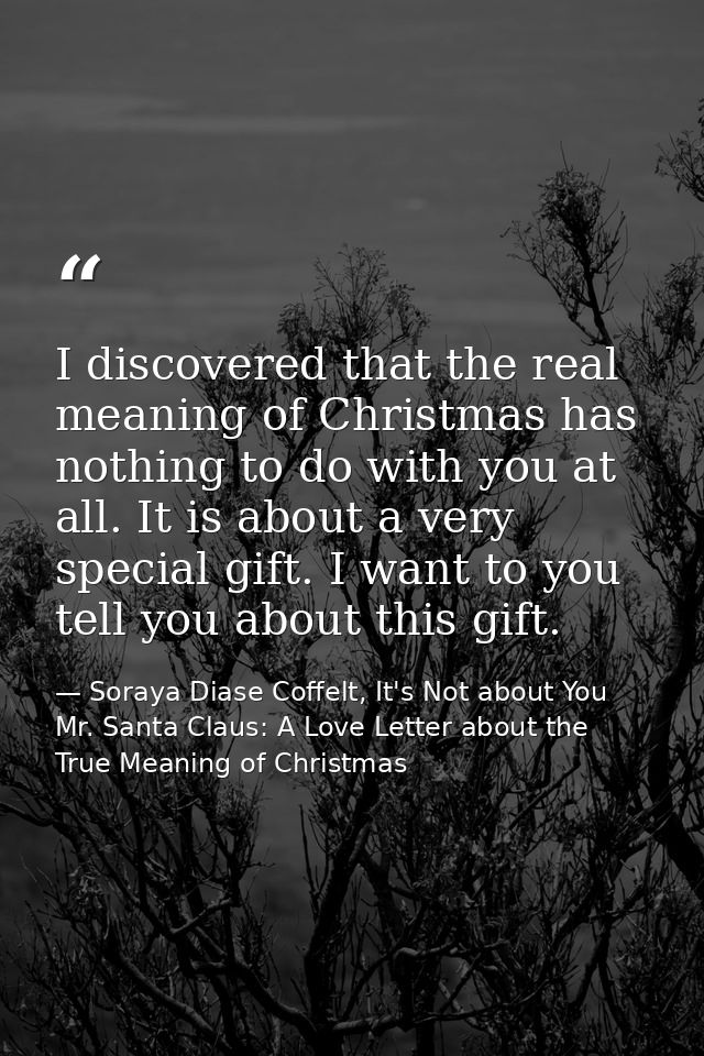 I discovered that the real meaning of Christmas has nothing to do with you at all. It is about a very special gift. I wa — Soraya Diase Coffelt, It's Not about You Mr. Santa Claus: A Love Letter about the True Meaning of Christmas