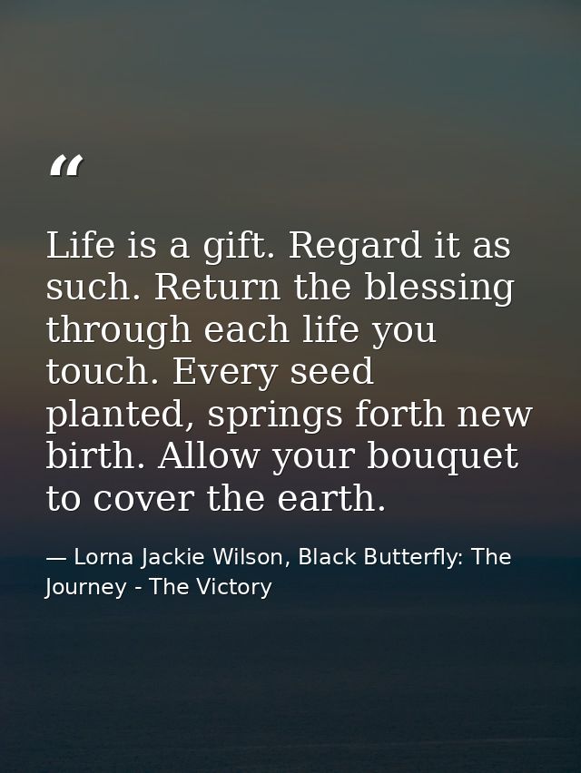 Life is a gift. Regard it as such. Return the blessing through each life you touch. Every seed planted, springs forth ne — Lorna Jackie Wilson, Black Butterfly: The Journey - The Victory