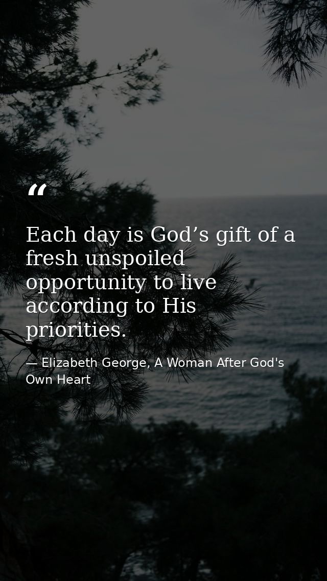 Each day is God’s gift of a fresh unspoiled opportunity to live according to His priorities. — Elizabeth George, A Woman After God's Own Heart