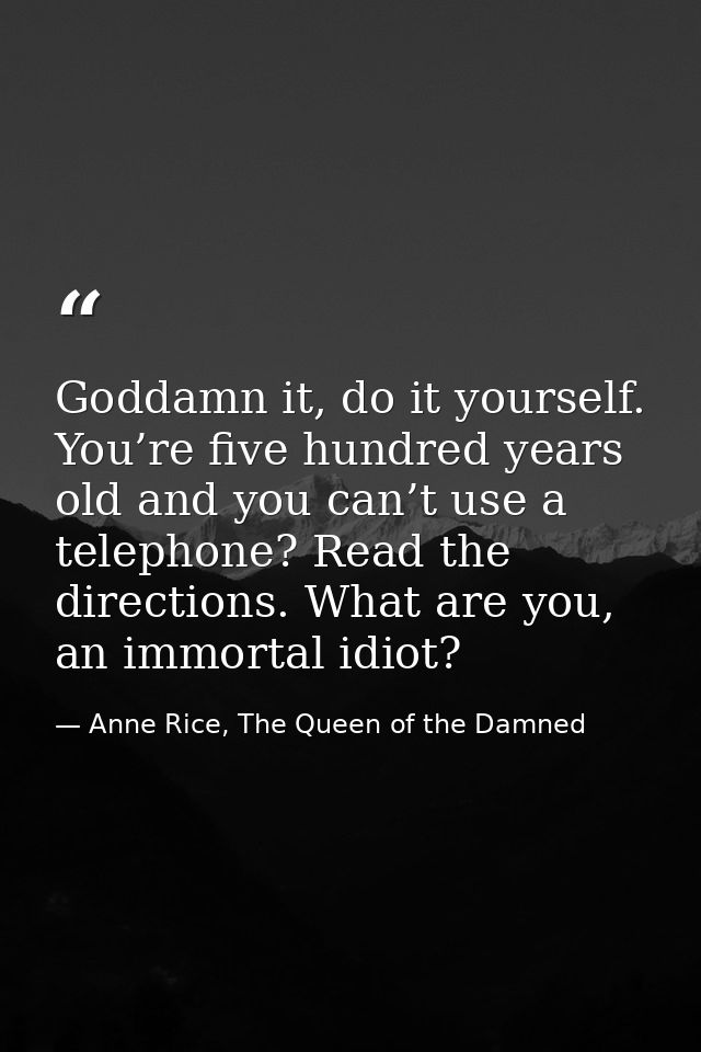 Goddamn it, do it yourself. You’re five hundred years old and you can’t use a telephone? Read the directions. What are y — Anne Rice, The Queen of the Damned