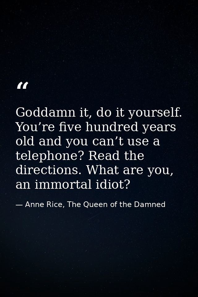 Goddamn it, do it yourself. You’re five hundred years old and you can’t use a telephone? Read the directions. What are y — Anne Rice, The Queen of the Damned