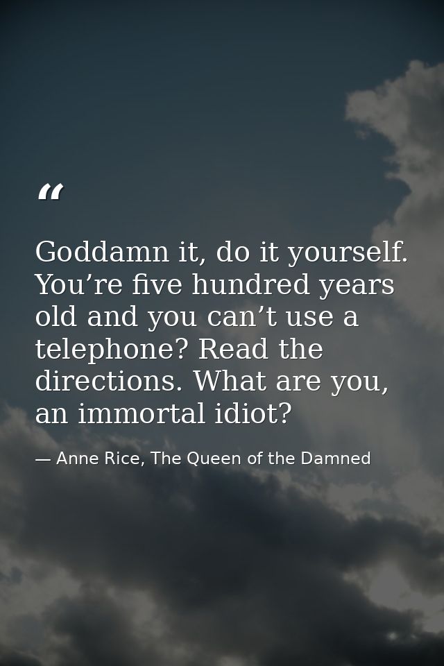 Goddamn it, do it yourself. You’re five hundred years old and you can’t use a telephone? Read the directions. What are y — Anne Rice, The Queen of the Damned