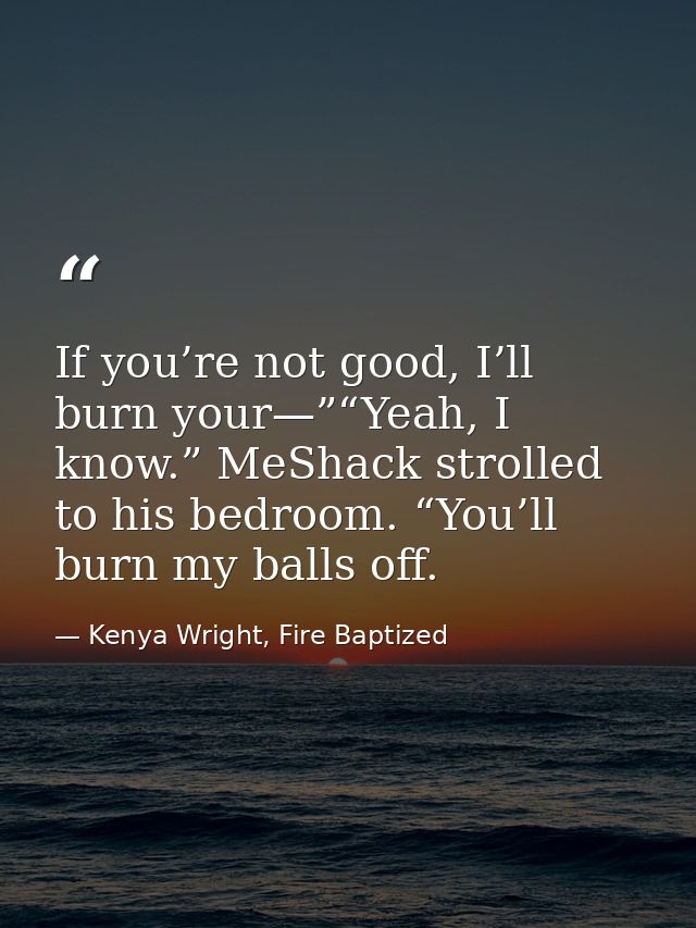 If you’re not good, I’ll burn your—”“Yeah, I know.” MeShack strolled to his bedroom. “You’ll burn my balls off. — Kenya Wright, Fire Baptized