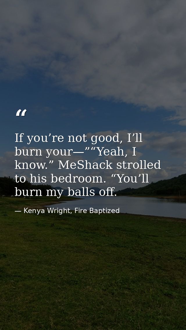 If you’re not good, I’ll burn your—”“Yeah, I know.” MeShack strolled to his bedroom. “You’ll burn my balls off. — Kenya Wright, Fire Baptized