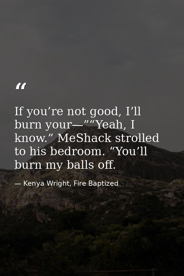 If you’re not good, I’ll burn your—”“Yeah, I know.” MeShack strolled to his bedroom. “You’ll burn my balls off. — Kenya Wright, Fire Baptized