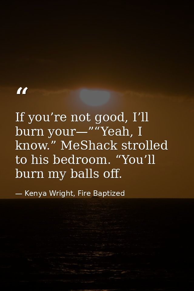 If you’re not good, I’ll burn your—”“Yeah, I know.” MeShack strolled to his bedroom. “You’ll burn my balls off. — Kenya Wright, Fire Baptized