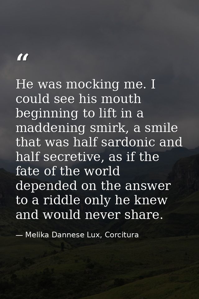 He was mocking me. I could see his mouth beginning to lift in a maddening smirk, a smile that was half sardonic and half — Melika Dannese Lux, Corcitura