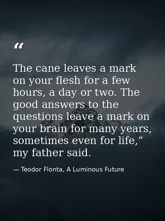The cane leaves a mark on your flesh for a few hours, a day or two. The good answers to the questions leave a mark on yo — Teodor Flonta, A Luminous Future