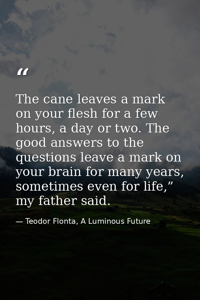 The cane leaves a mark on your flesh for a few hours, a day or two. The good answers to the questions leave a mark on yo — Teodor Flonta, A Luminous Future