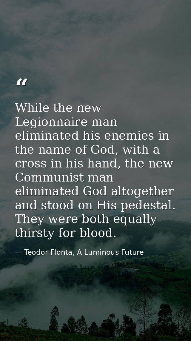 While the new Legionnaire man eliminated his enemies in the name of God, with a cross in his hand, the new Communist man — Teodor Flonta, A Luminous Future