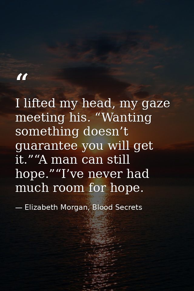 I lifted my head, my gaze meeting his. “Wanting something doesn’t guarantee you will get it.”“A man can still hope.”“I’v — Elizabeth Morgan, Blood Secrets