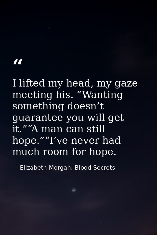 I lifted my head, my gaze meeting his. “Wanting something doesn’t guarantee you will get it.”“A man can still hope.”“I’v — Elizabeth Morgan, Blood Secrets