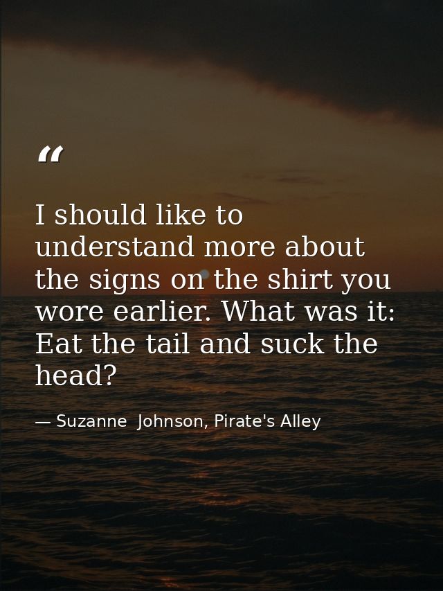 I should like to understand more about the signs on the shirt you wore earlier. What was it: Eat the tail and suck the h — Suzanne  Johnson, Pirate's Alley