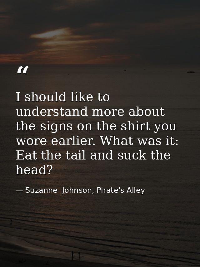 I should like to understand more about the signs on the shirt you wore earlier. What was it: Eat the tail and suck the h — Suzanne  Johnson, Pirate's Alley