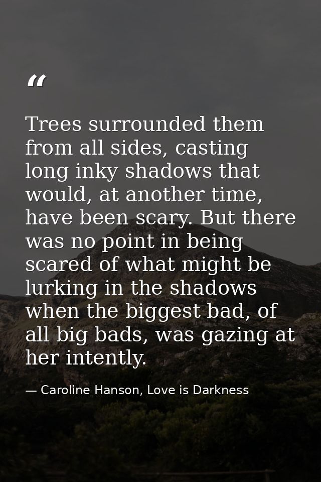 Trees surrounded them from all sides, casting long inky shadows that would, at another time, have been scary. But there  — Caroline Hanson, Love is Darkness
