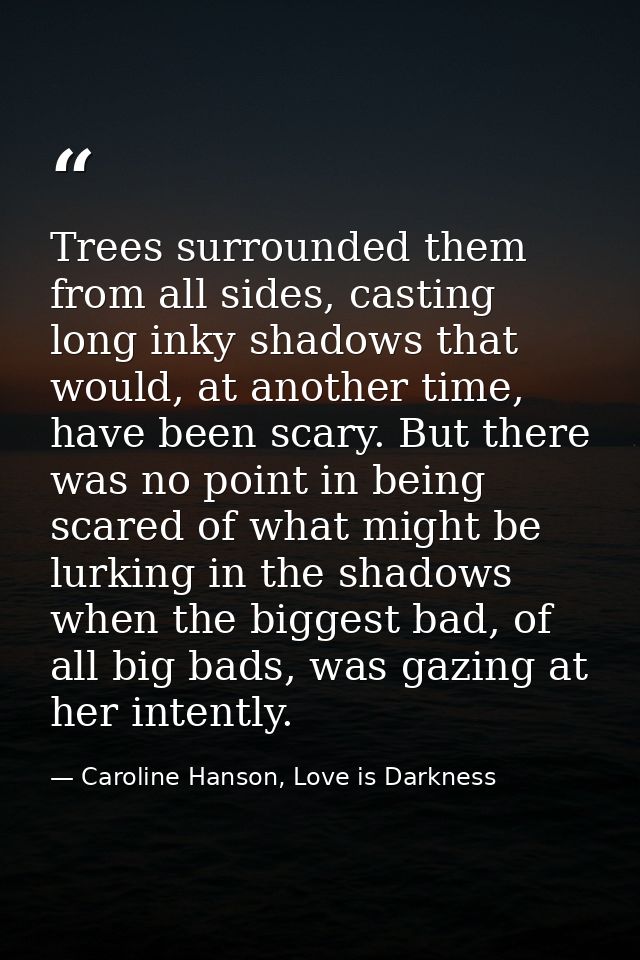 Trees surrounded them from all sides, casting long inky shadows that would, at another time, have been scary. But there  — Caroline Hanson, Love is Darkness