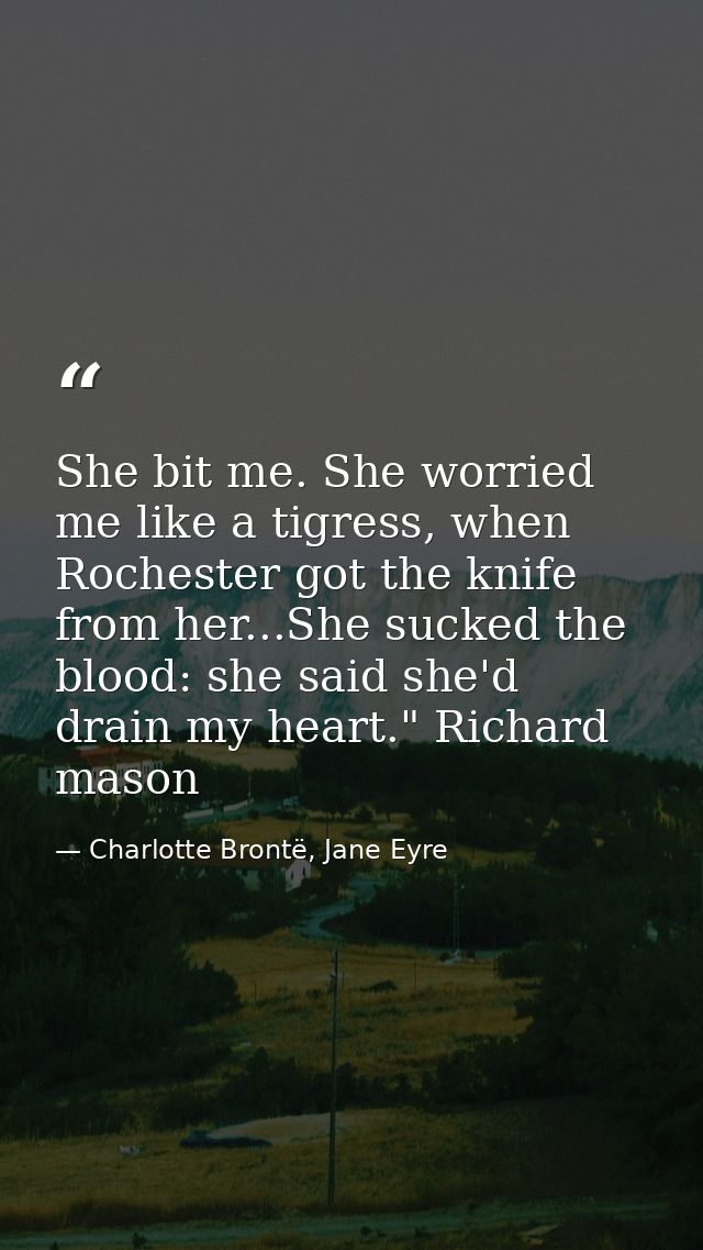 She bit me. She worried me like a tigress, when Rochester got the knife from her...She sucked the blood: she said she'd  — Charlotte Brontë, Jane Eyre