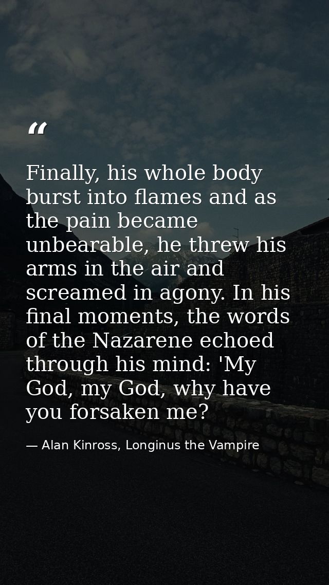 Finally, his whole body burst into flames and as the pain became unbearable, he threw his arms in the air and screamed i — Alan Kinross, Longinus the Vampire