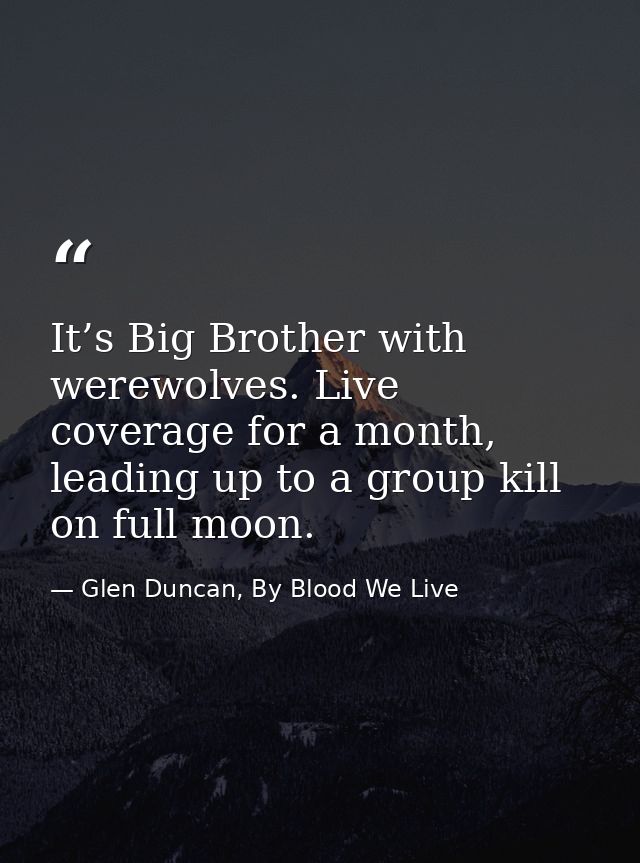 It’s Big Brother with werewolves. Live coverage for a month, leading up to a group kill on full moon. — Glen Duncan, By Blood We Live