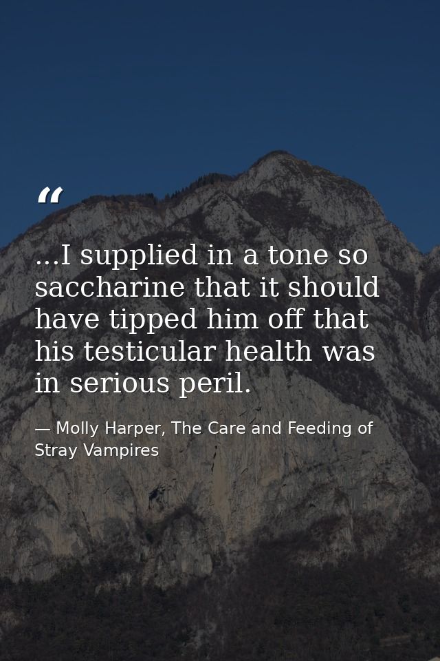 ...I supplied in a tone so saccharine that it should have tipped him off that his testicular health was in serious peril — Molly Harper, The Care and Feeding of Stray Vampires