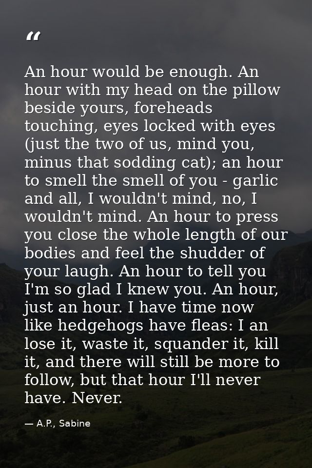 An hour would be enough. An hour with my head on the pillow beside yours, foreheads touching, eyes locked with eyes (jus — A.P., Sabine