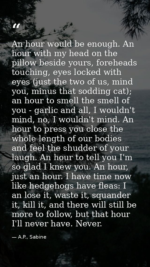 An hour would be enough. An hour with my head on the pillow beside yours, foreheads touching, eyes locked with eyes (jus — A.P., Sabine