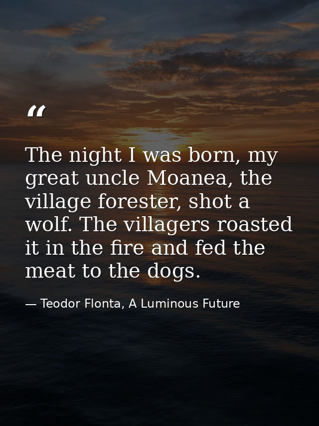 The night I was born, my great uncle Moanea, the village forester, shot a wolf. The villagers roasted it in the fire and — Teodor Flonta, A Luminous Future