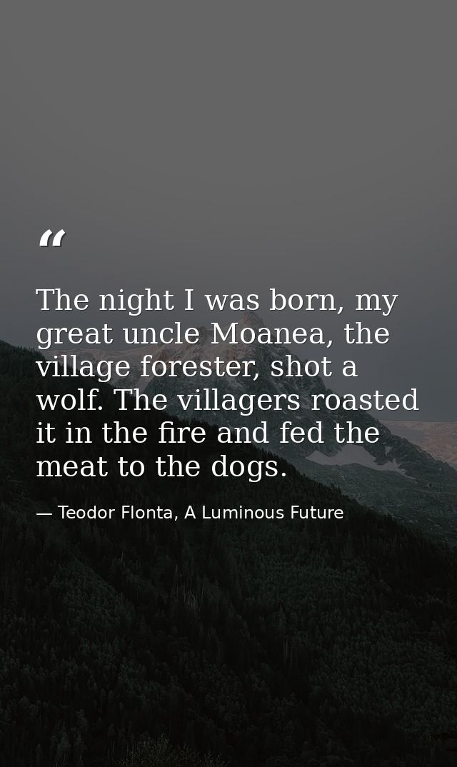 The night I was born, my great uncle Moanea, the village forester, shot a wolf. The villagers roasted it in the fire and — Teodor Flonta, A Luminous Future