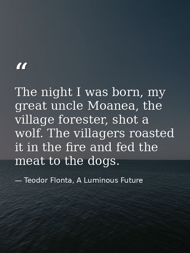 The night I was born, my great uncle Moanea, the village forester, shot a wolf. The villagers roasted it in the fire and — Teodor Flonta, A Luminous Future