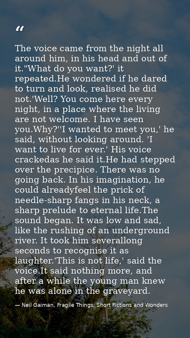 The voice came from the night all around him, in his head and out of it."What do you want?' it repeated.He wondered if h — Neil Gaiman, Fragile Things: Short Fictions and Wonders