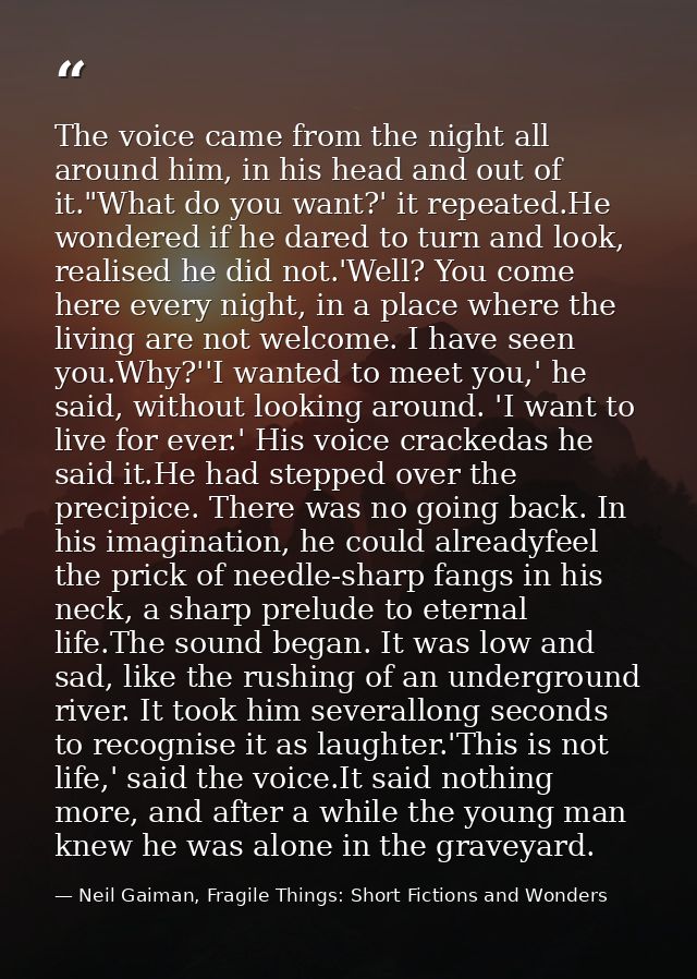 The voice came from the night all around him, in his head and out of it."What do you want?' it repeated.He wondered if h — Neil Gaiman, Fragile Things: Short Fictions and Wonders