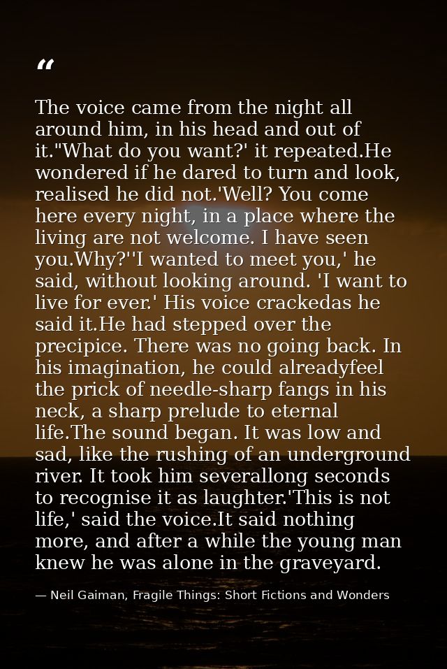The voice came from the night all around him, in his head and out of it."What do you want?' it repeated.He wondered if h — Neil Gaiman, Fragile Things: Short Fictions and Wonders